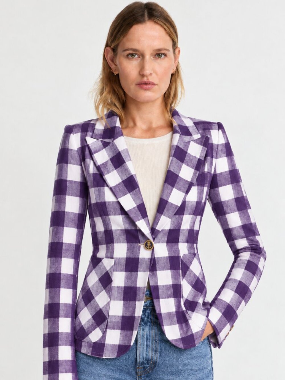 SMYTHE Purple White Check Linen Blend Patch Pocket One Button Blazer, Size 12